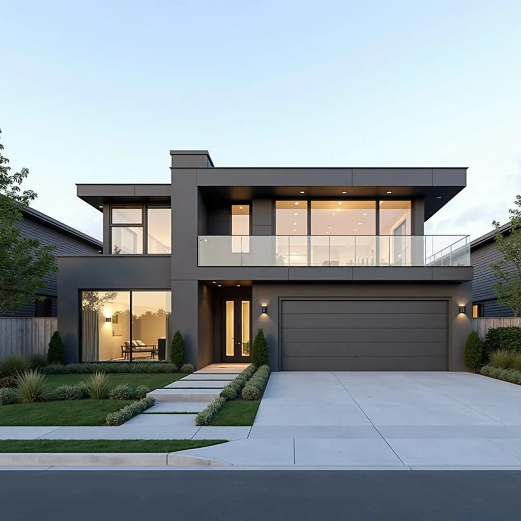 Modern exterior design for a two-story house with a three-car garage