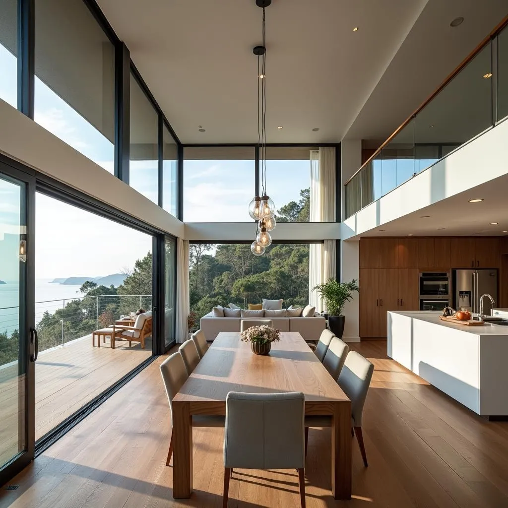 Open-concept living space in a two-story house with a three-car garage