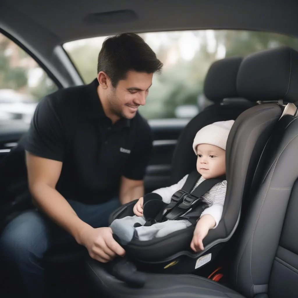 Parent with child in car seat in Uber