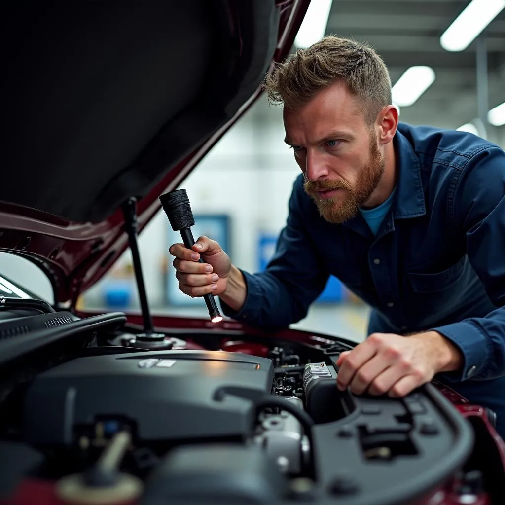 Mechanic inspecting a used car