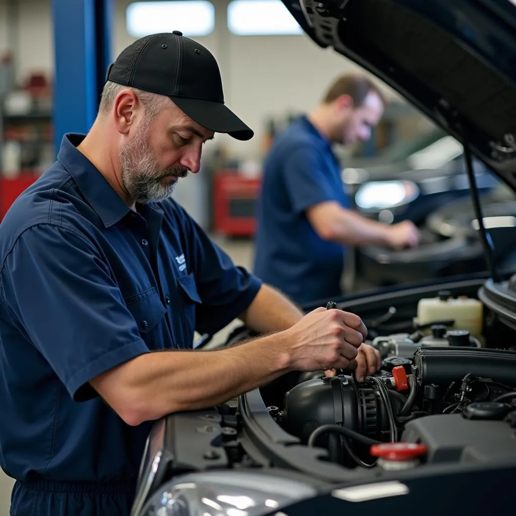 Mechanic inspecting a used car in Crystal MN