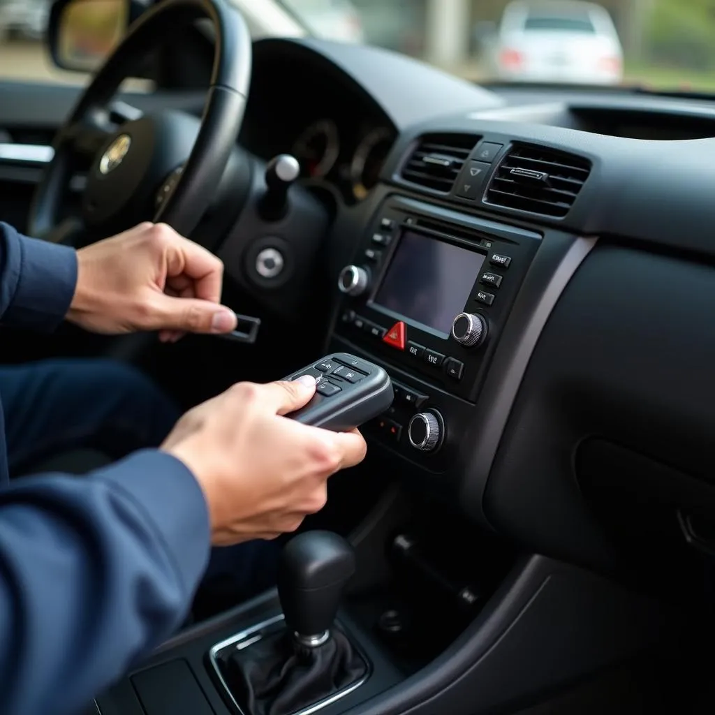 Mechanic using OBD scanner on car