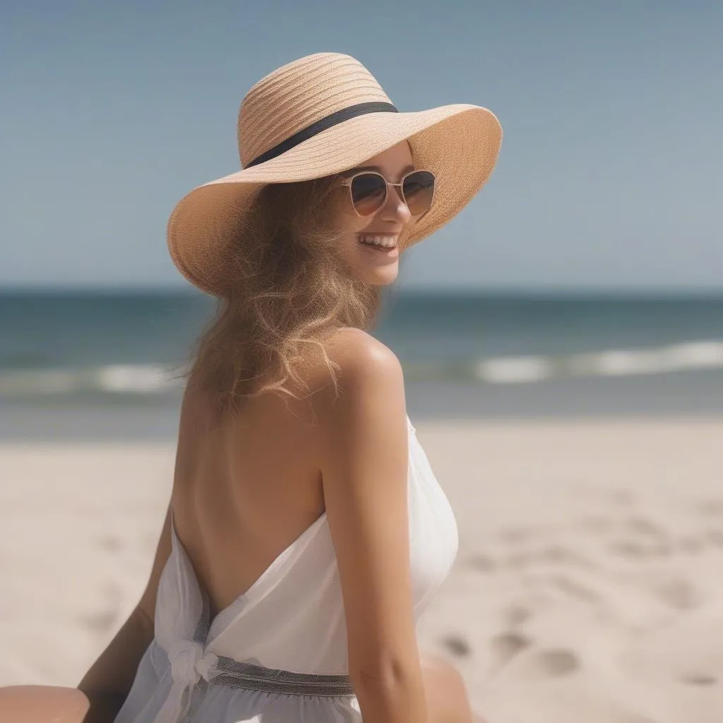 Woman enjoying a day at the beach with UV protection hair products