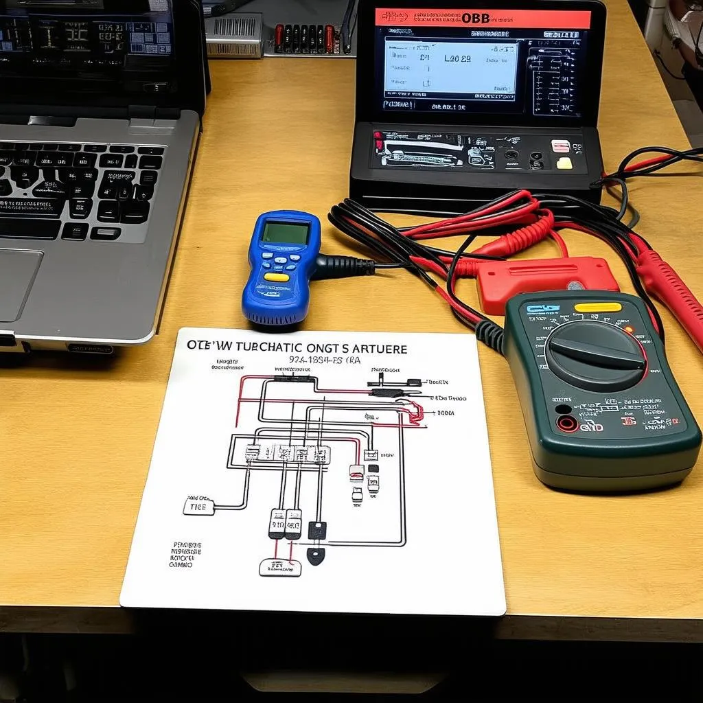 Different types of car diagnostic tools spread out on a workbench