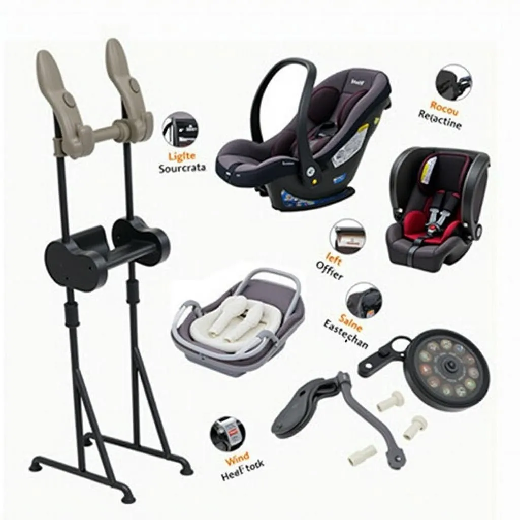 Different types of car seat accessories, including a stand