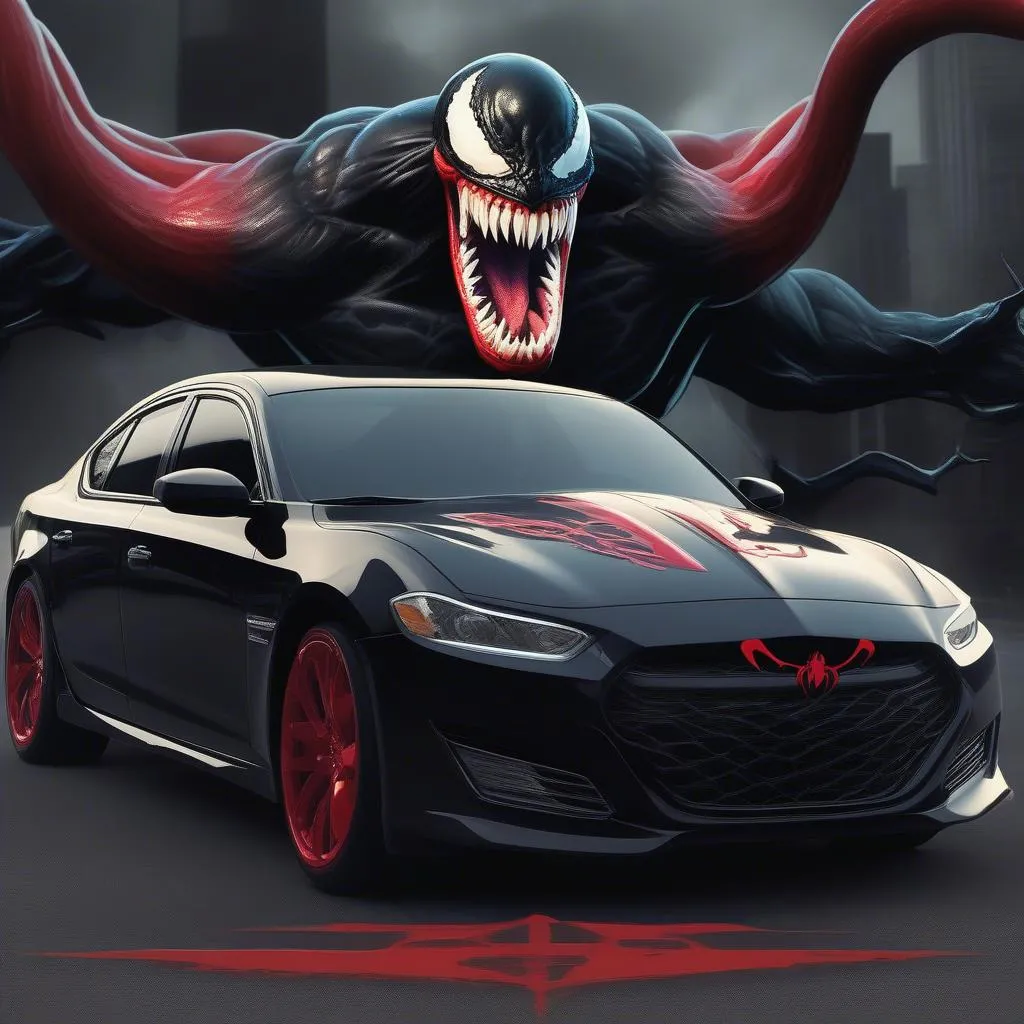 Venom Character Decal on a Black Sedan