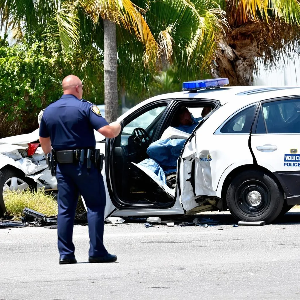 Police officer talking to a driver after a car accident in Vero Beach