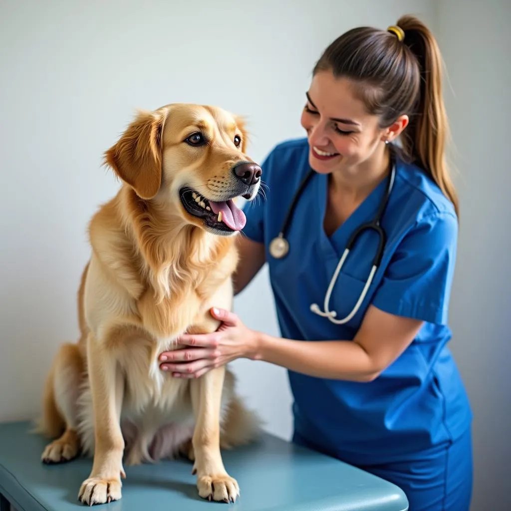 Veterinarian performing a check-up on a Golden Retriever