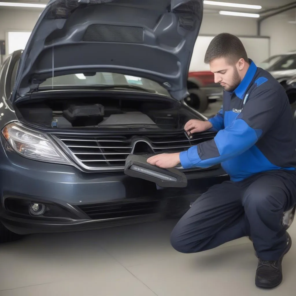 Viamir Car Care LLC Technician using a dealer-level scanner to diagnose a European car