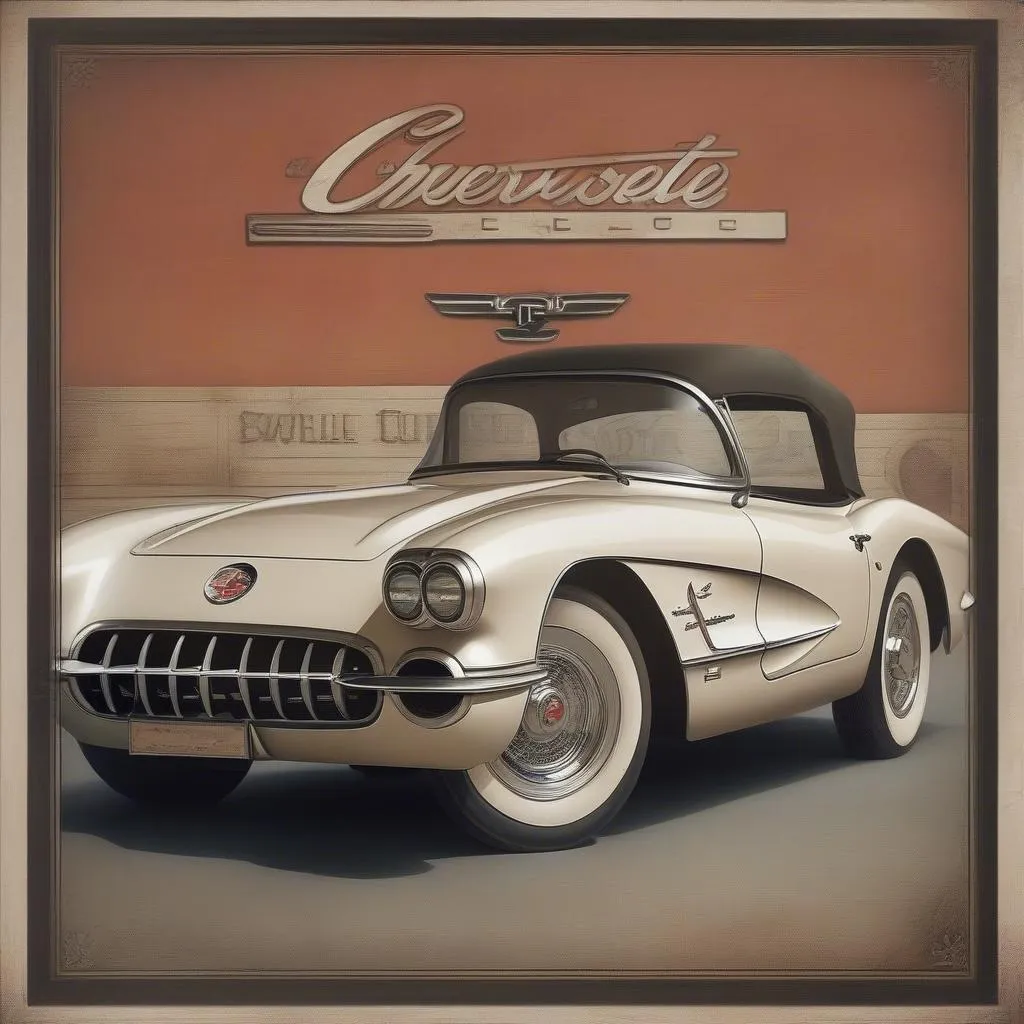 A vintage car art print showcasing a classic Chevrolet Corvette