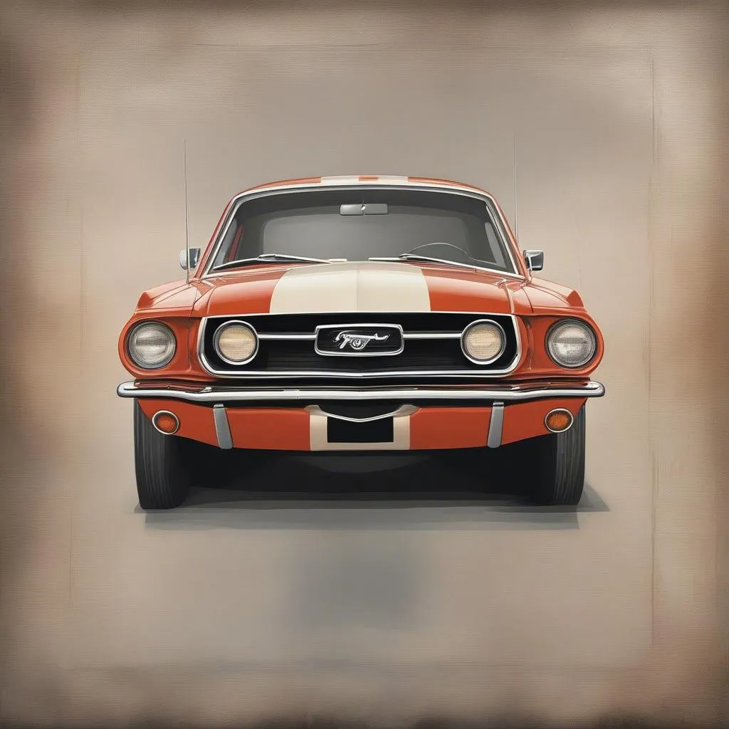 A vintage car art print depicting a classic Ford Mustang