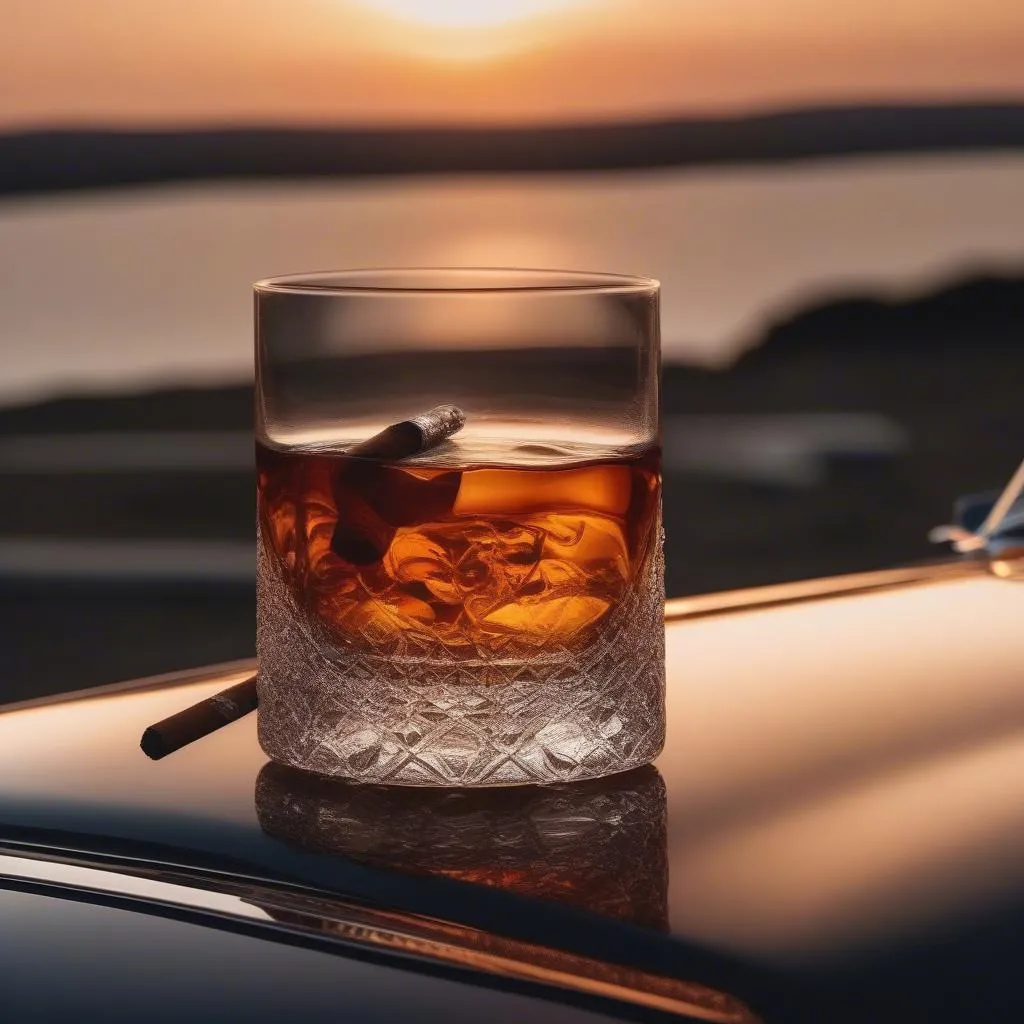 A vintage car, a cigar, and a glass of cognac