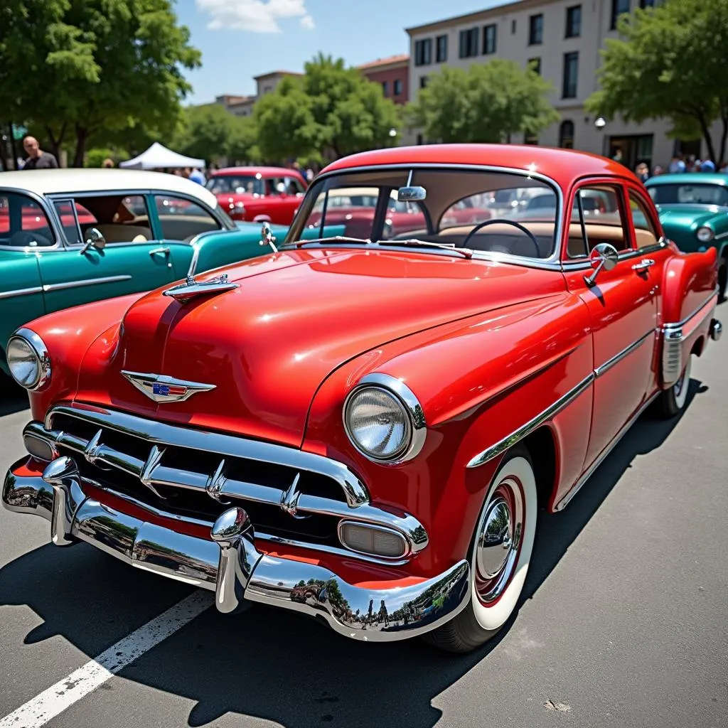 A 1950s Chevrolet Bel Air at a car show in a park