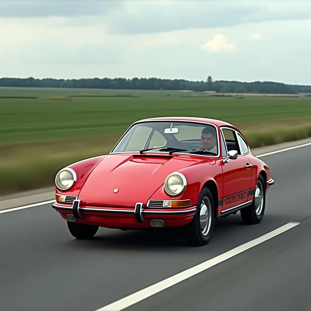 A classic red Porsche 911 driving on the Autobahn