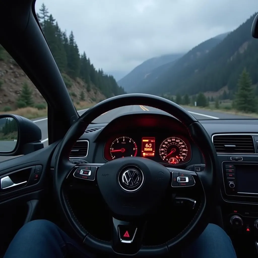 Volkswagen Golf with a glowing &quot;check engine&quot; light on a winding mountain road