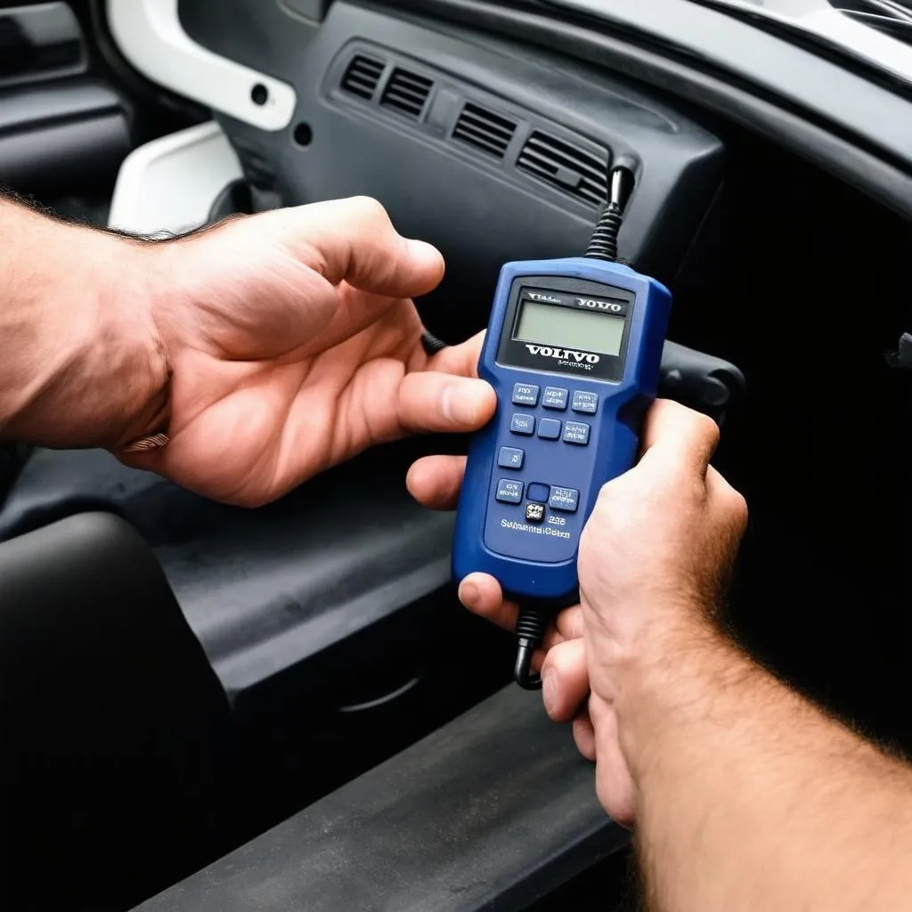 Mechanic using a diagnostic tool on a 2005 Volvo S40