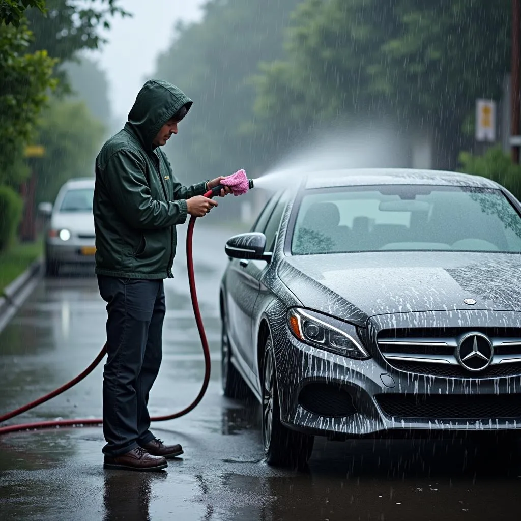 Car being washed during a rainstorm