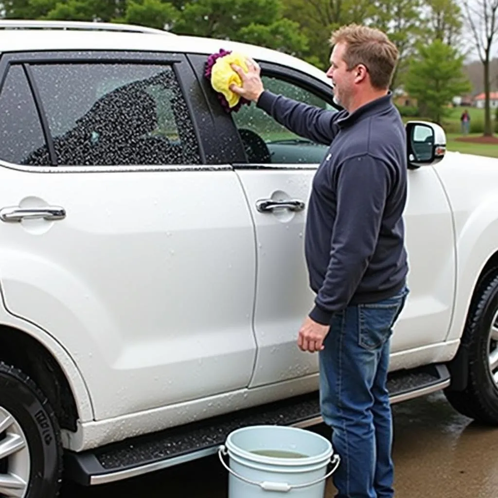 Washing a white car using the two-bucket method.