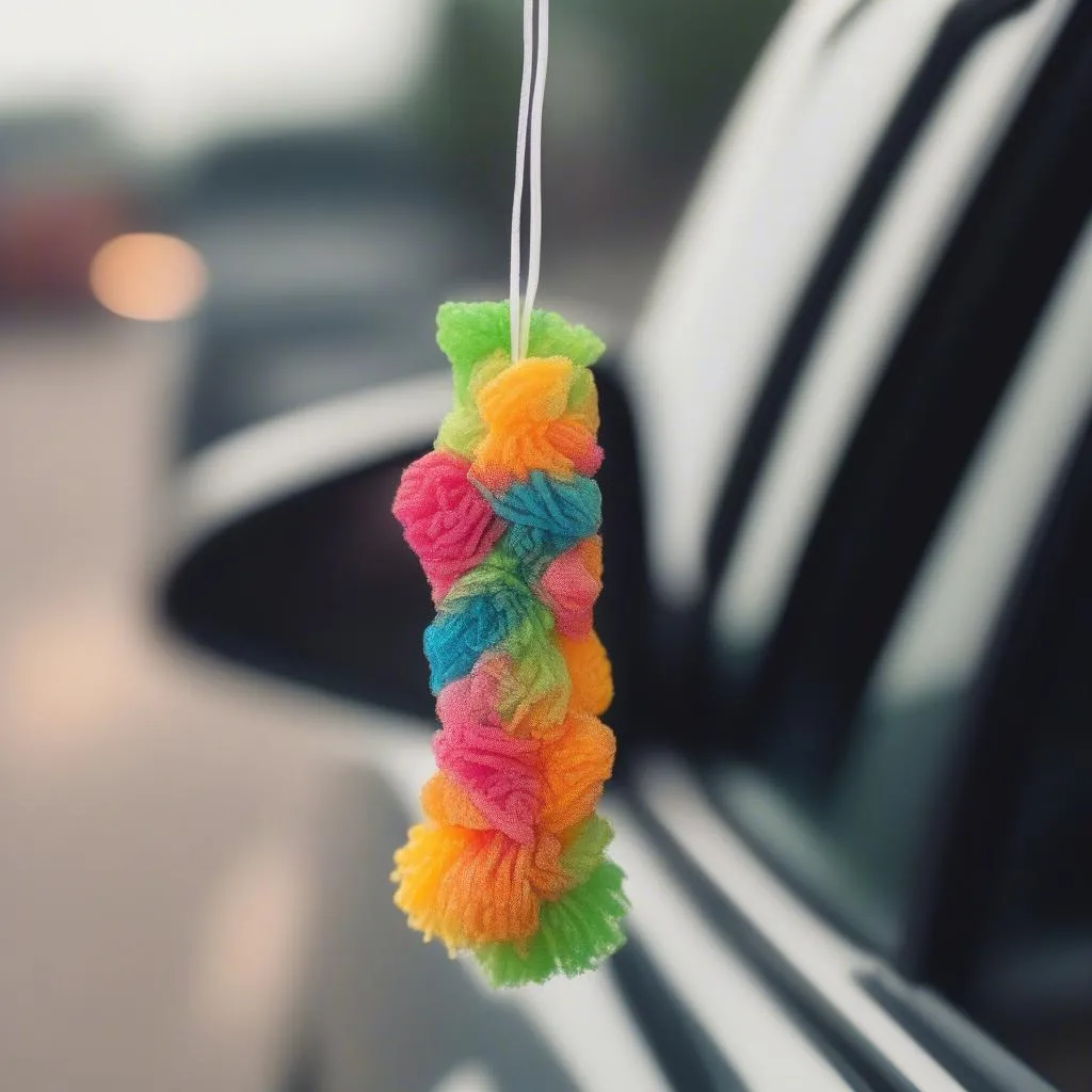 Wax car air freshener hanging from a rearview mirror