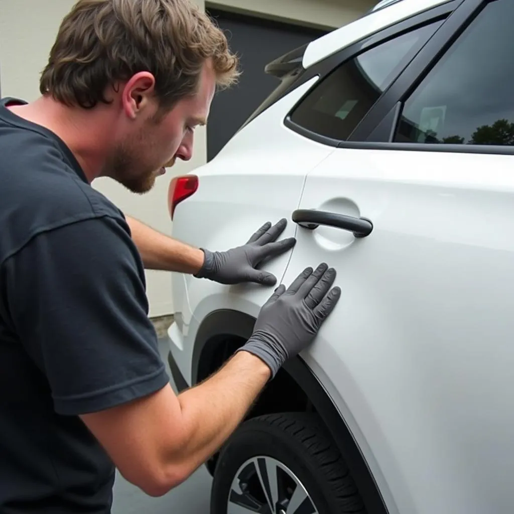 Detailing the black trim of a white car.