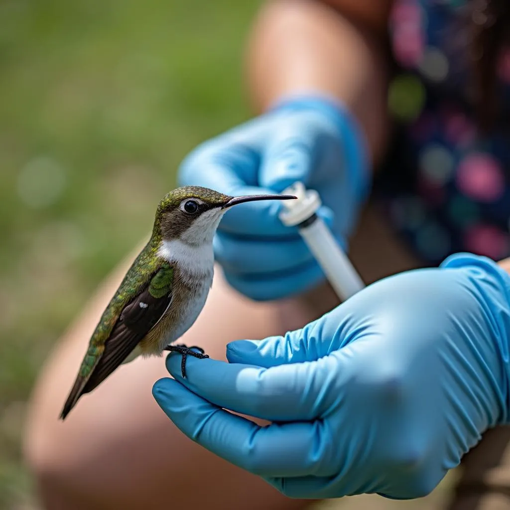 Wildlife rehabilitator feeding a hummingbird