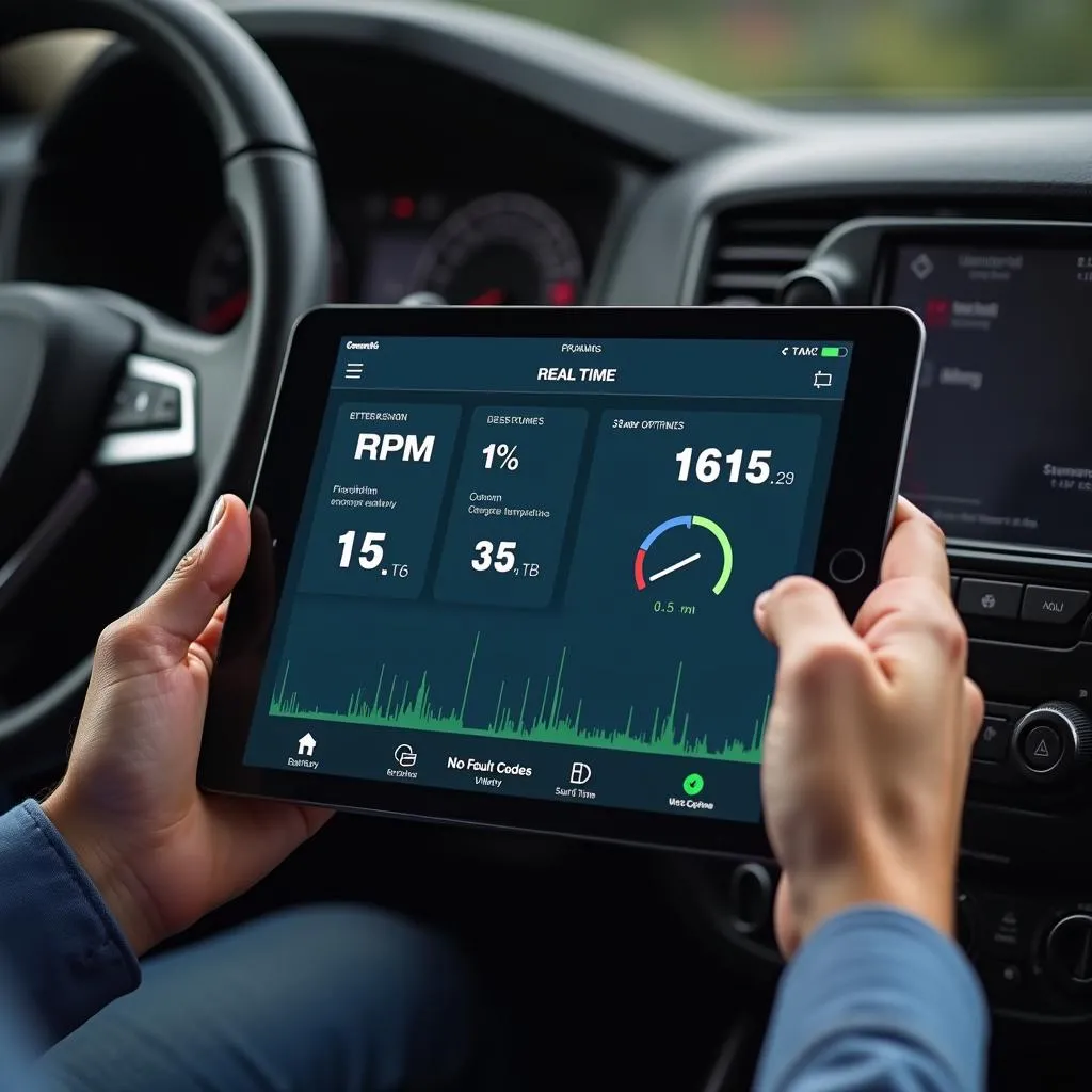 Wireless OBD Scanner Displaying Diagnostic Data on Tablet