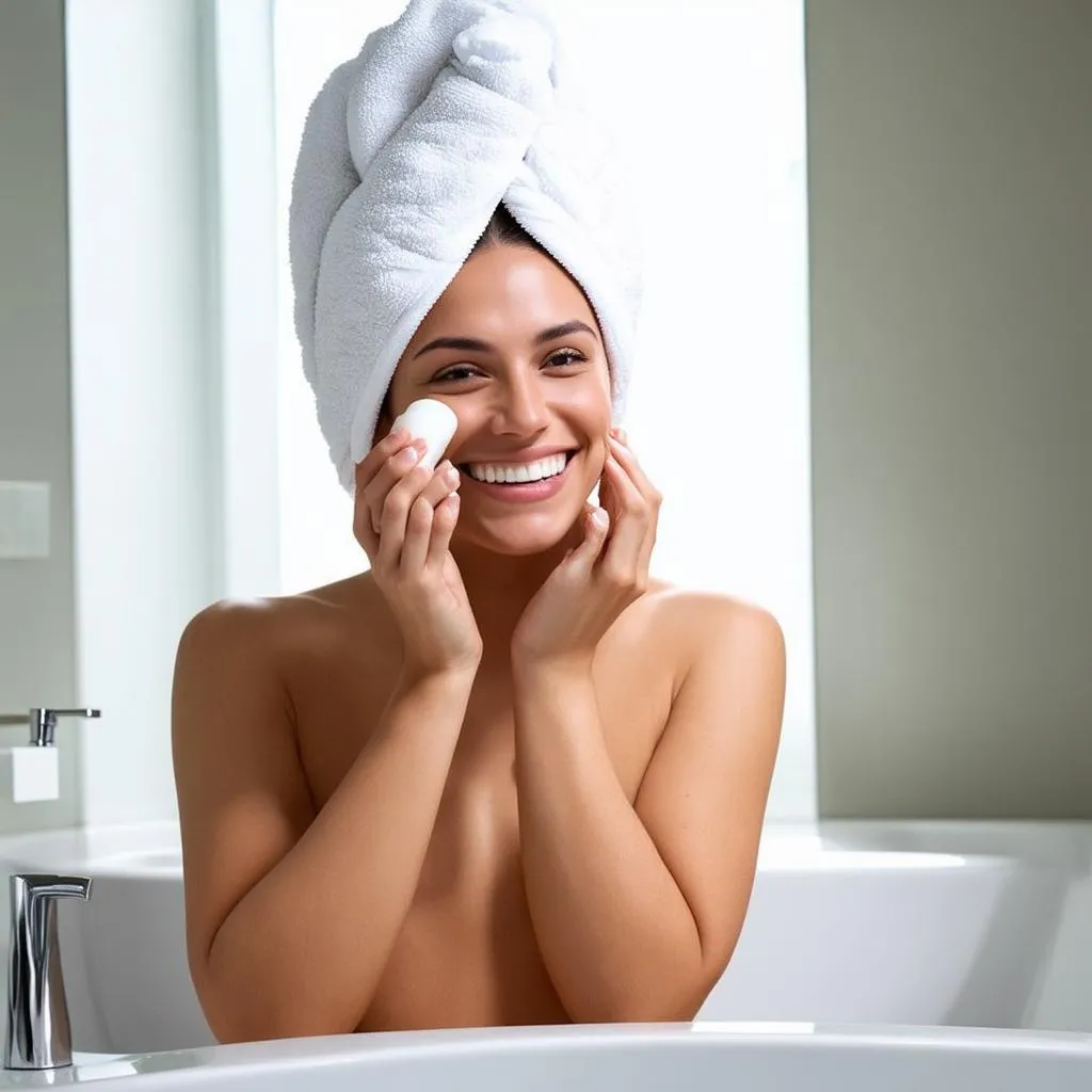 woman applying moisturizer