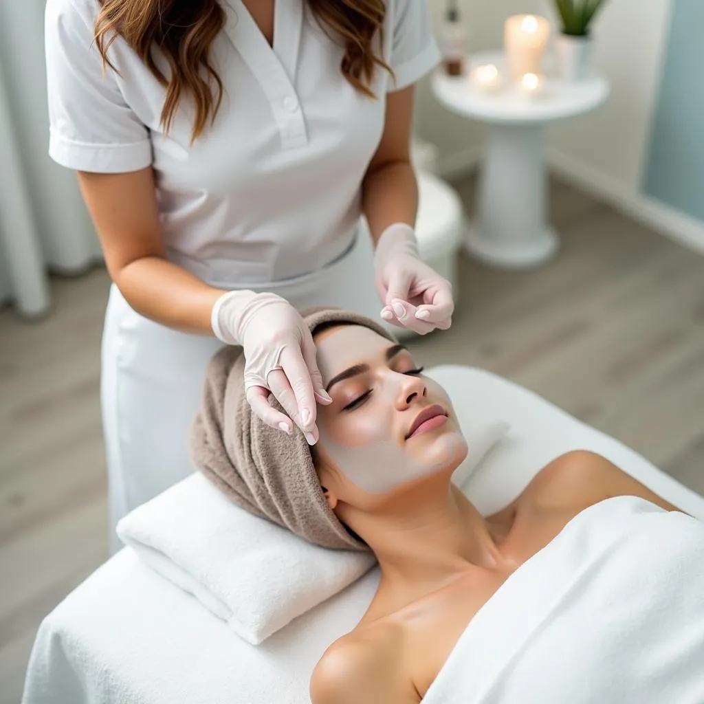 Woman Receiving a Facial Treatment at a Spa