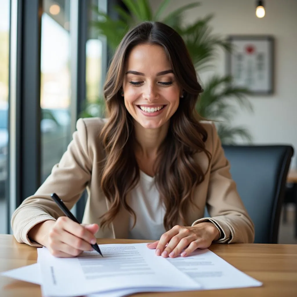 Woman signing car rental agreement