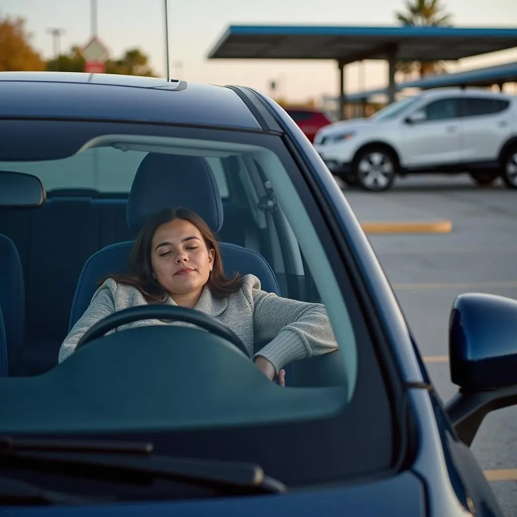 Woman Sleeping Safely in Car at Rest Stop