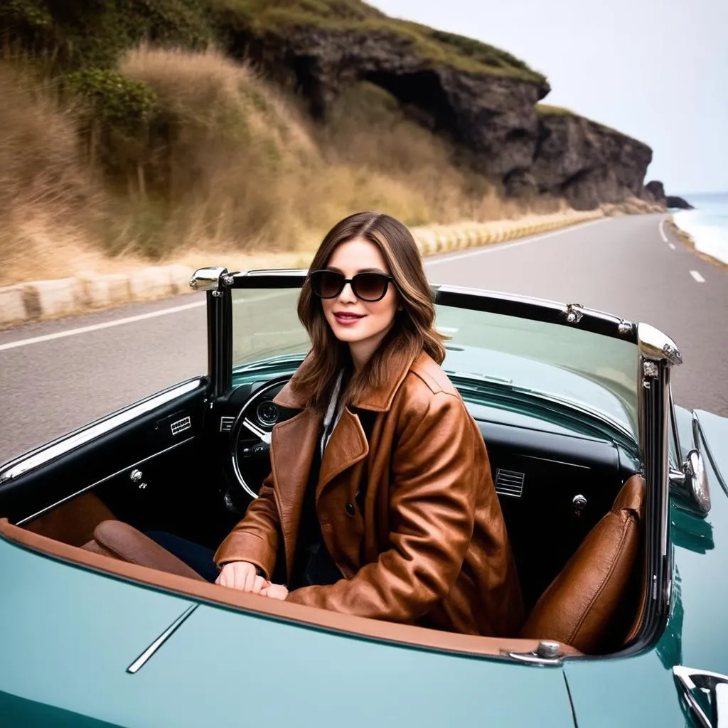 Stylish woman in a leather car coat