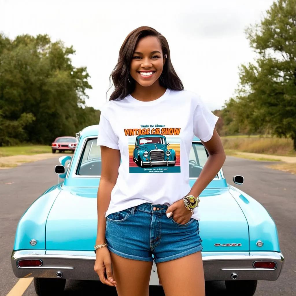 woman wearing a vintage car show shirt