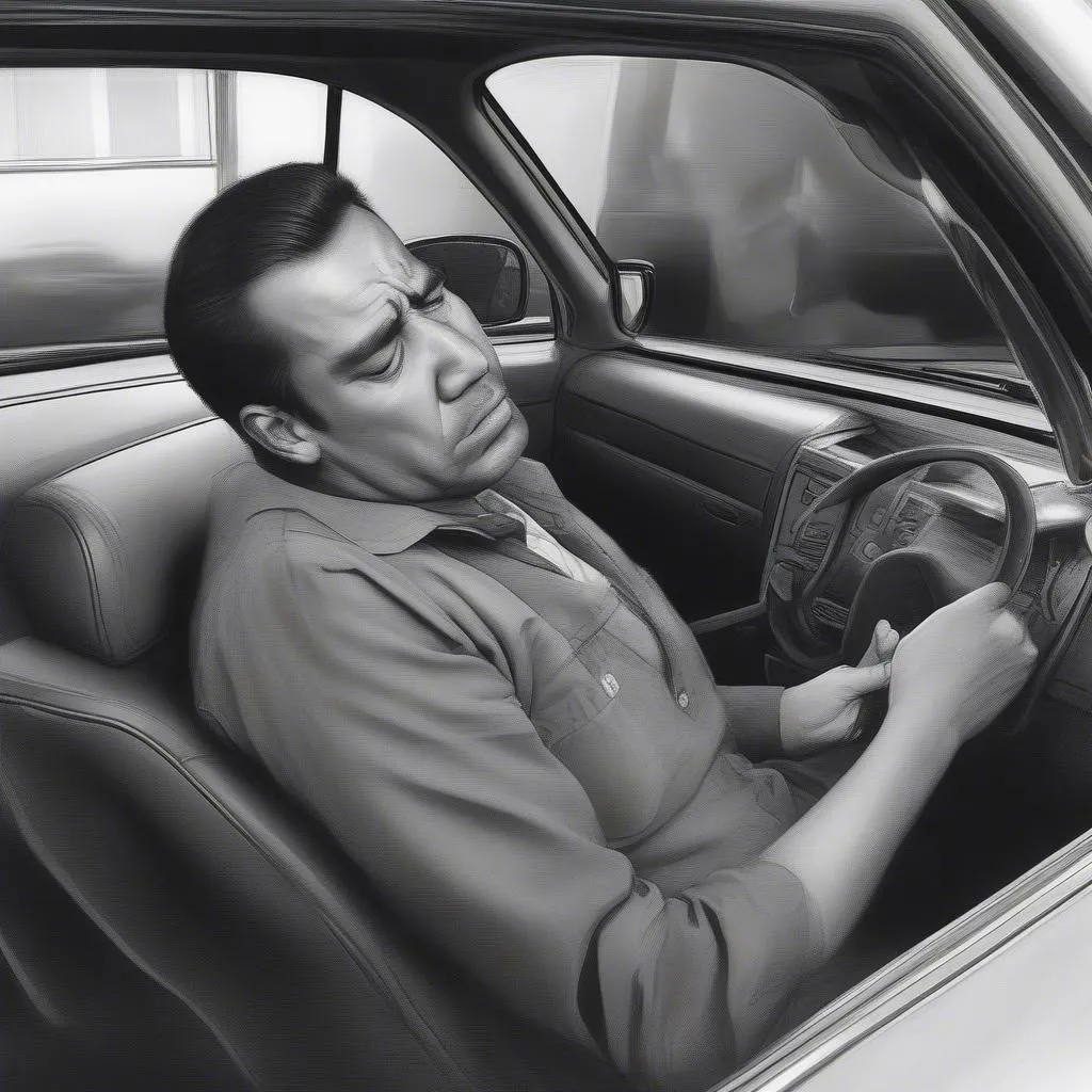 A worried man experiencing stomach pain while driving his car