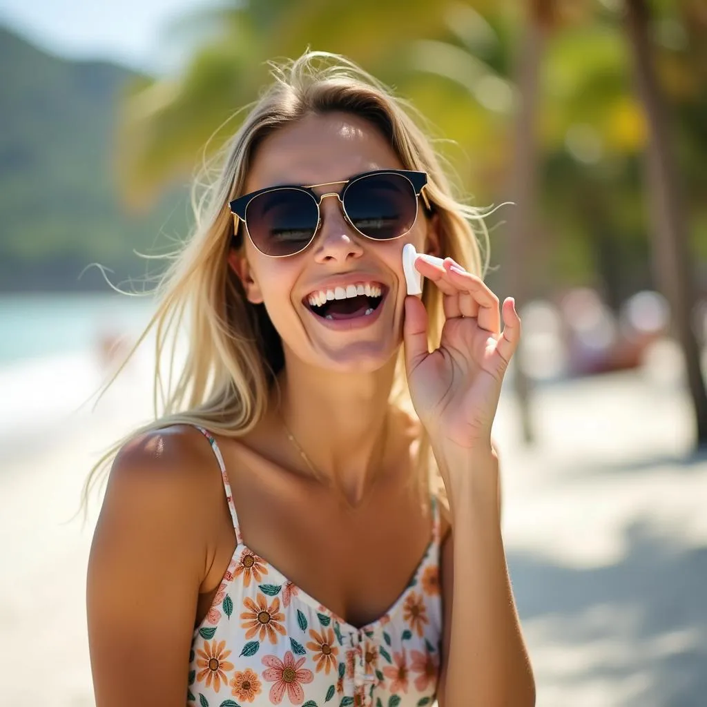 A young woman applying sunscreen on her face.