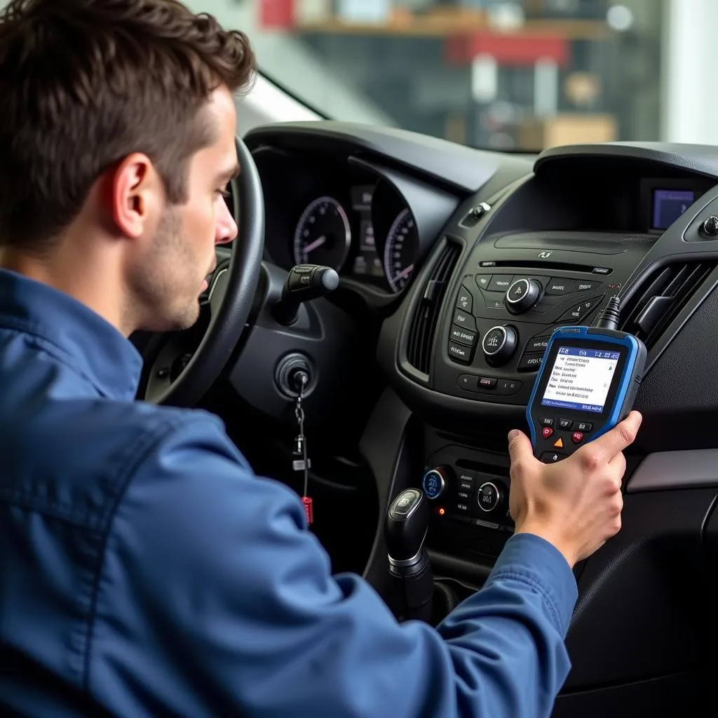 Mechanic using an OBD scanner on a 2012 Ford Transit Connect