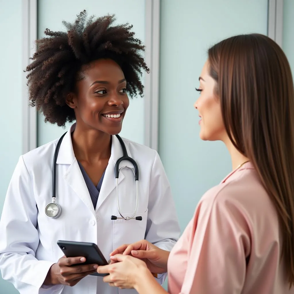 African American dermatologist advising a patient