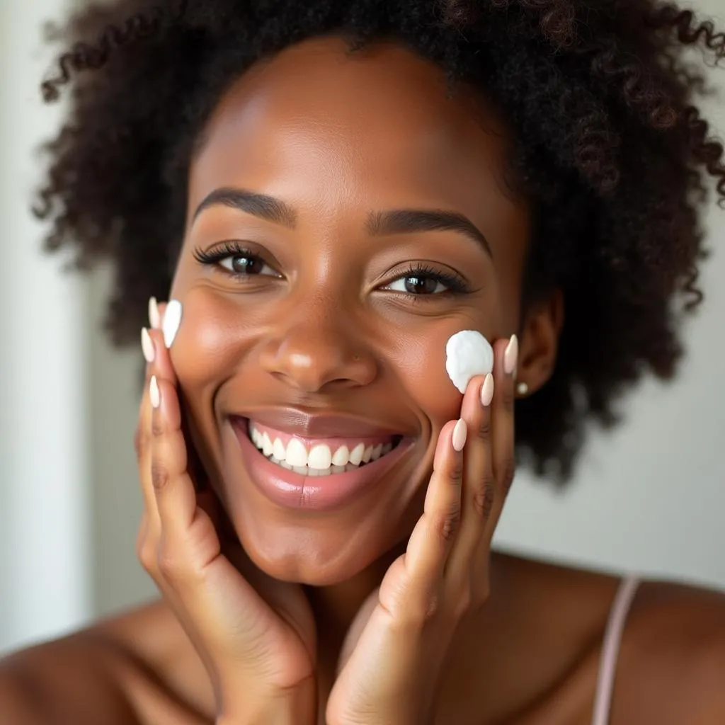 African American woman applying moisturizer