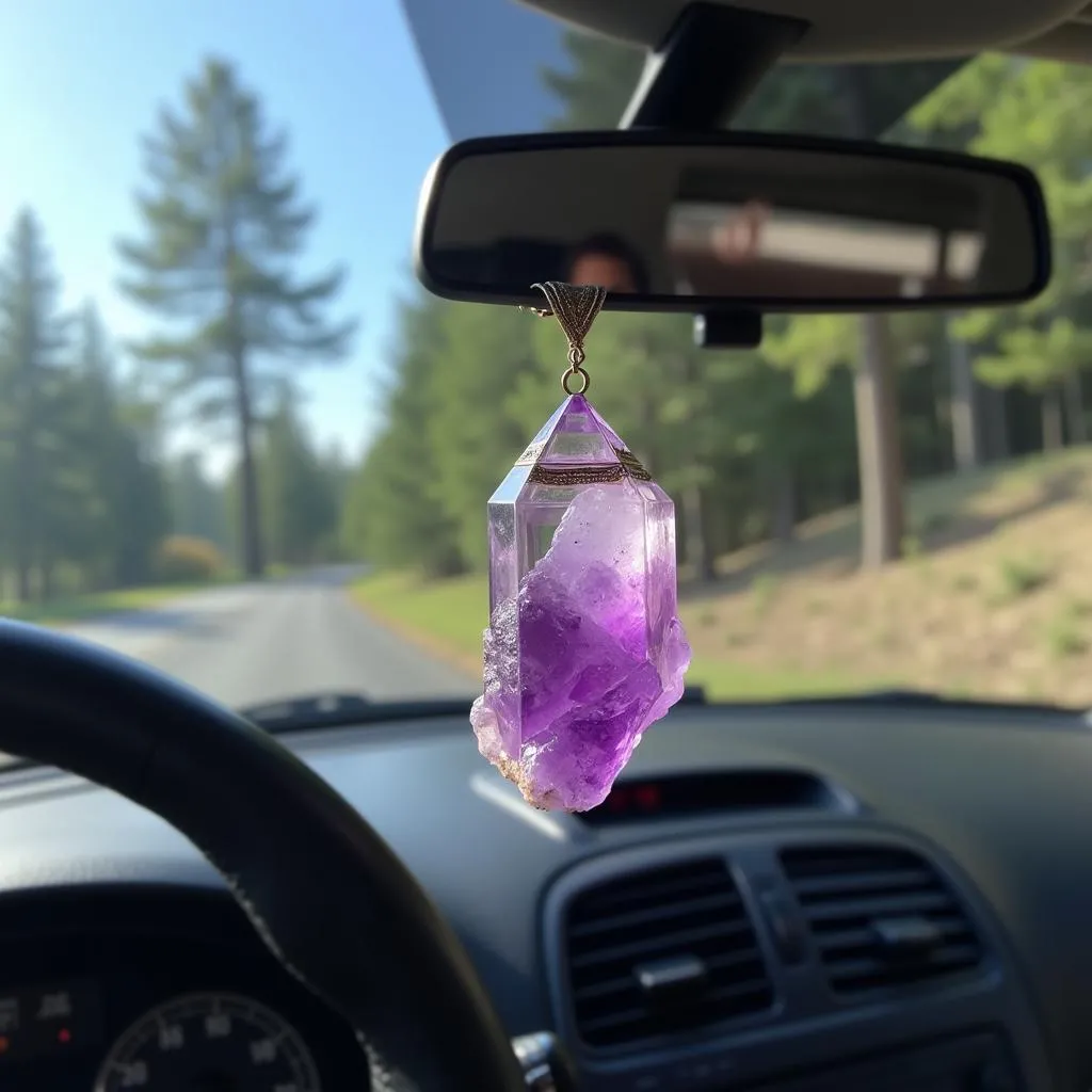 An amethyst crystal hanging from a car's rearview mirror