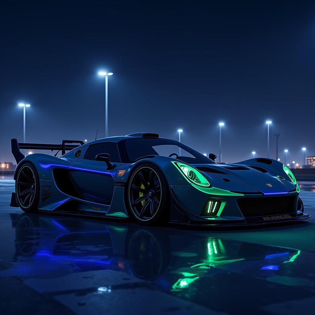 Anime car design features a sleek, futuristic sports car with glowing accents