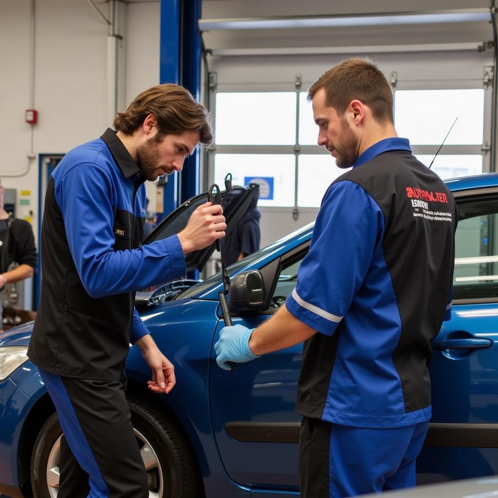 A team of technicians working on a European car