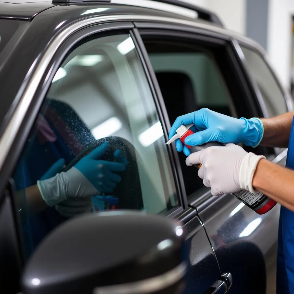 Applying Car Tint Glue Remover