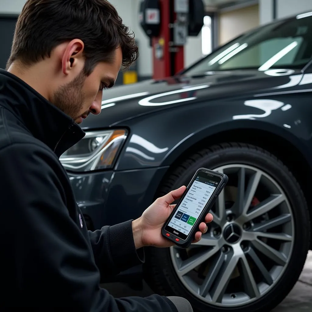 Professional Mechanic Using Diagnostic Tool on Audi S4 B8