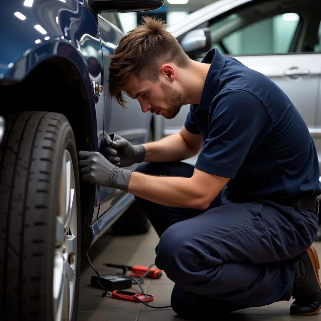 Auto Electrician Repairing Car Wiring in Workshop