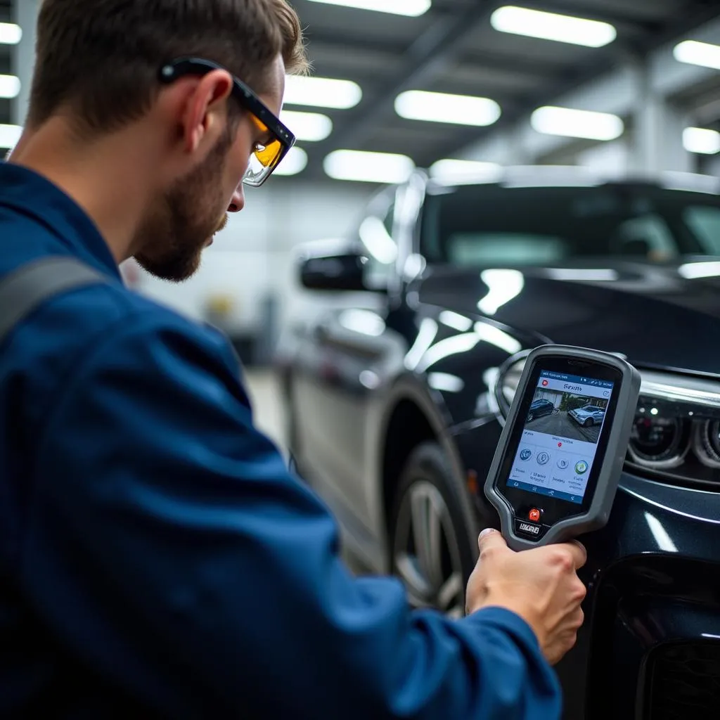 Automotive Technician Using a Dealer Scanner on a European Car