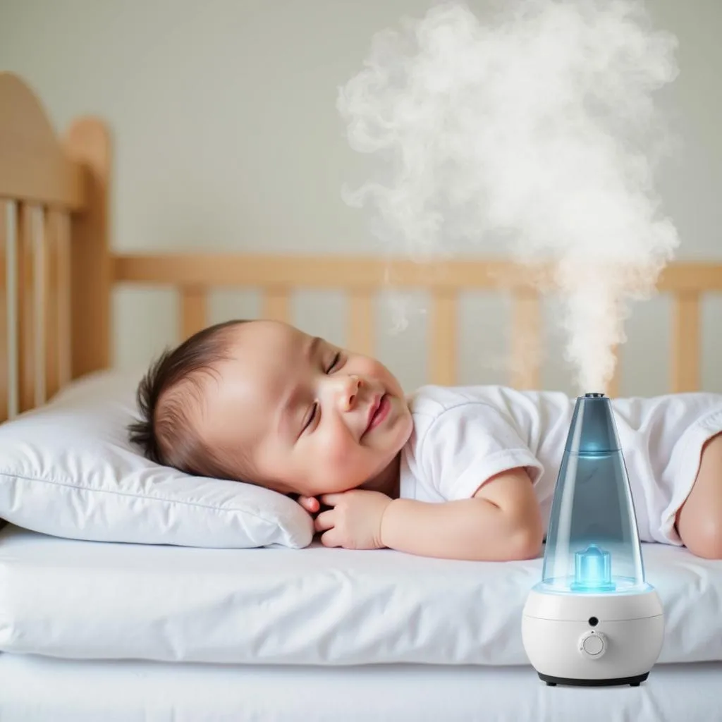 Baby sleeping soundly with humidifier