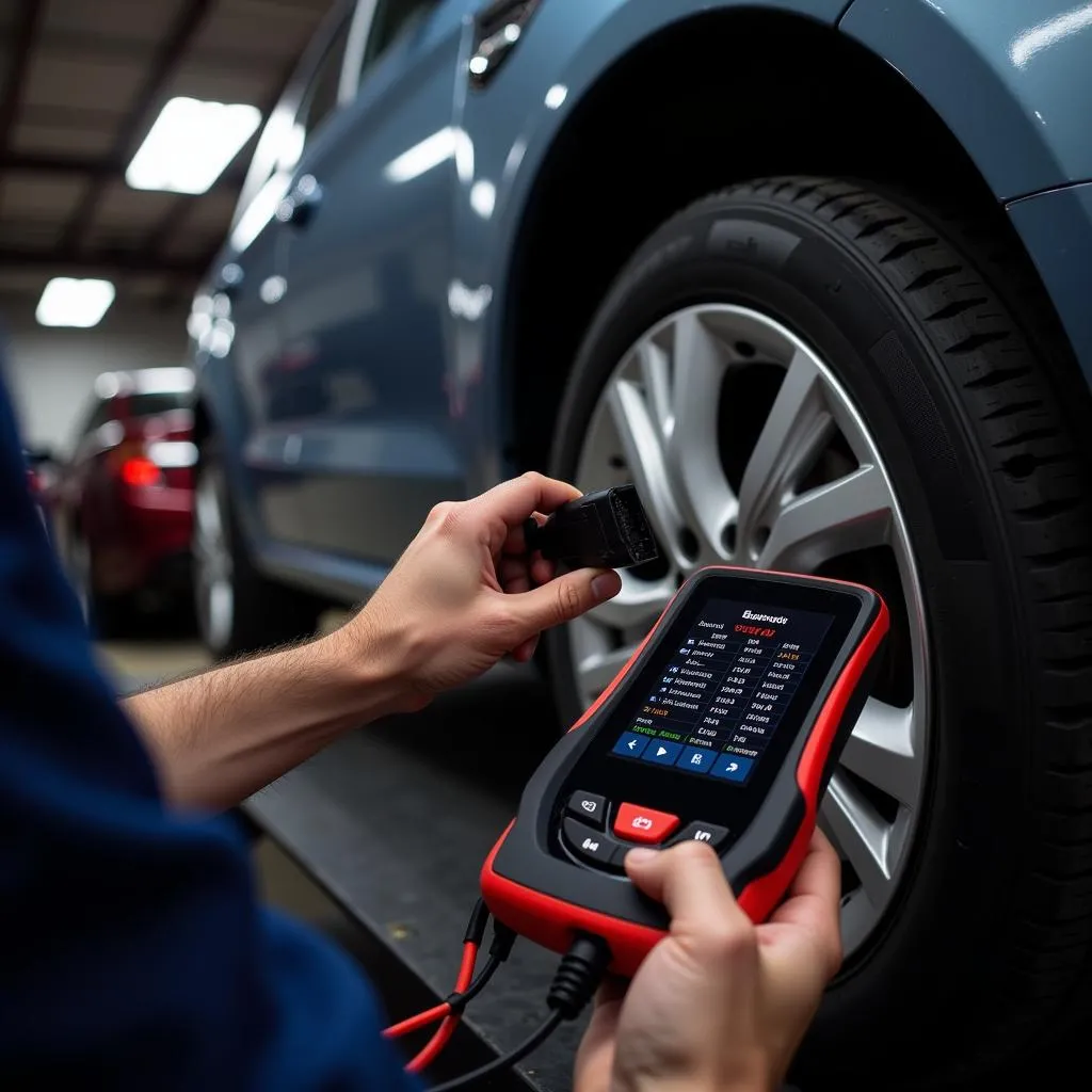 Mechanic using a Bellcross OBD Scanner on a European car