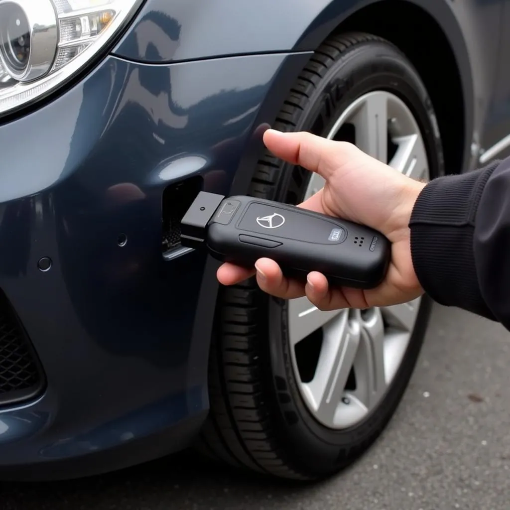 Benz key programmer OBD connected to a car's OBD-II port.