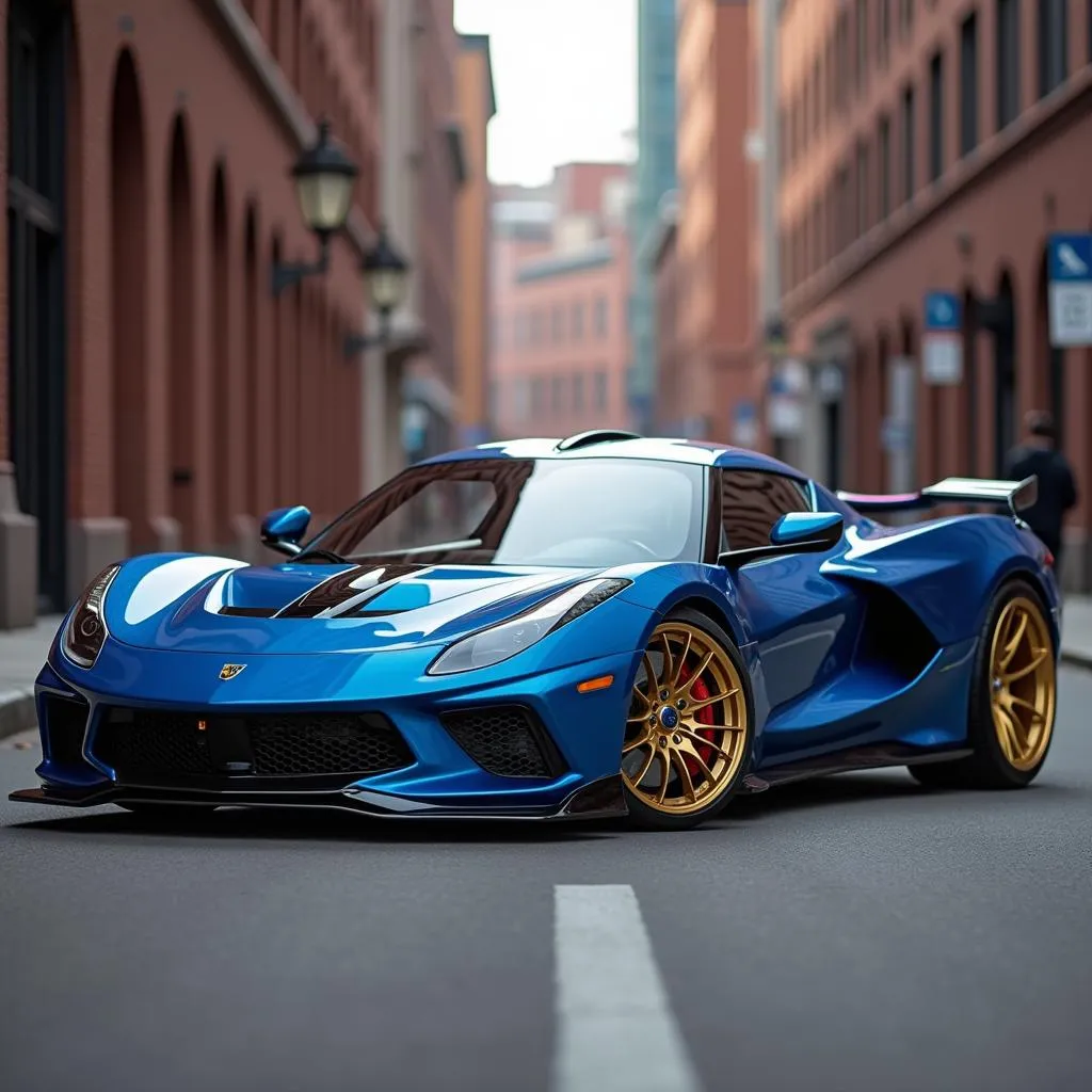 Blue car with gold rims parked on a city street