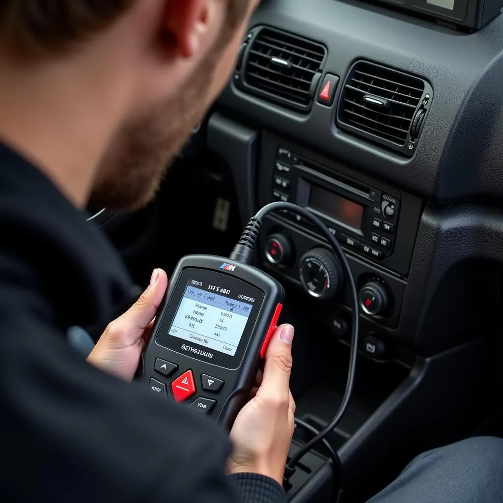 Mechanic Using OBD II Scanner on 2004 BMW M3