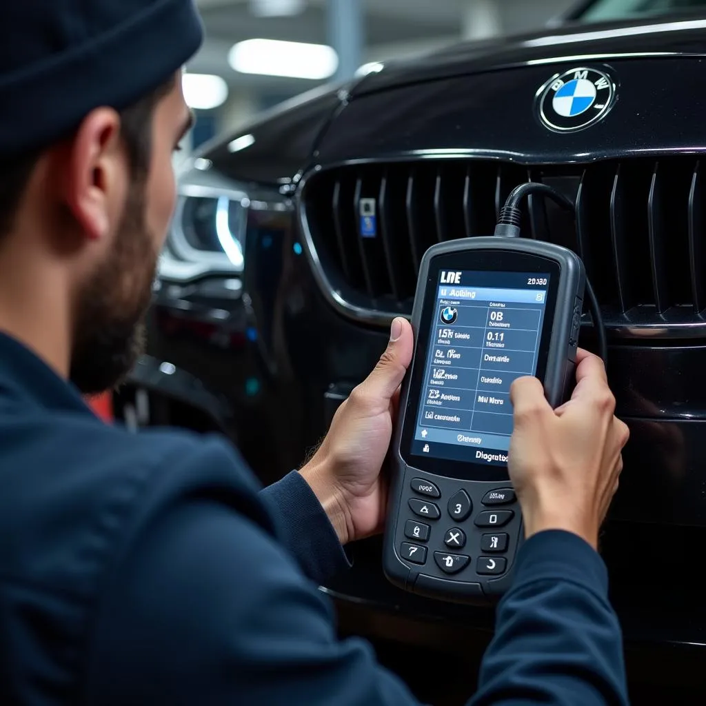 A BMW-specific scan tool being used to diagnose a BMW.